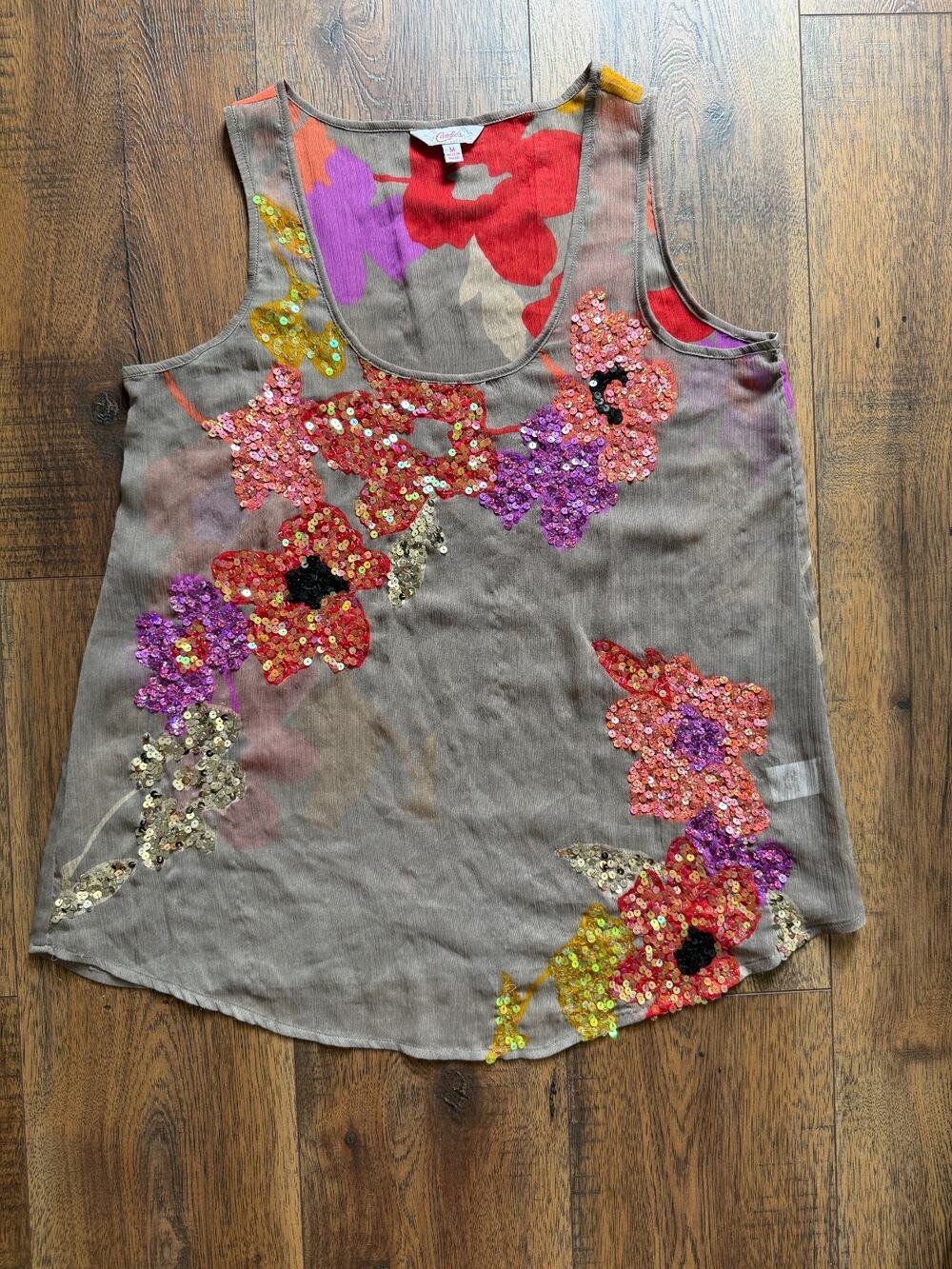 Candie's Y2K Sheer Floral Sequin McBling Scoop Neck Tank Top M